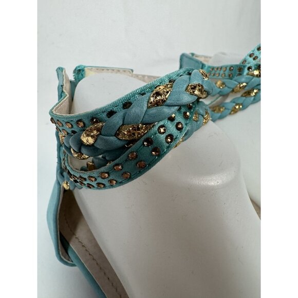 Turquoise Ankle Wrap Sandals With Gold Studs Size 7 By Mochi - Picture 8 of 16